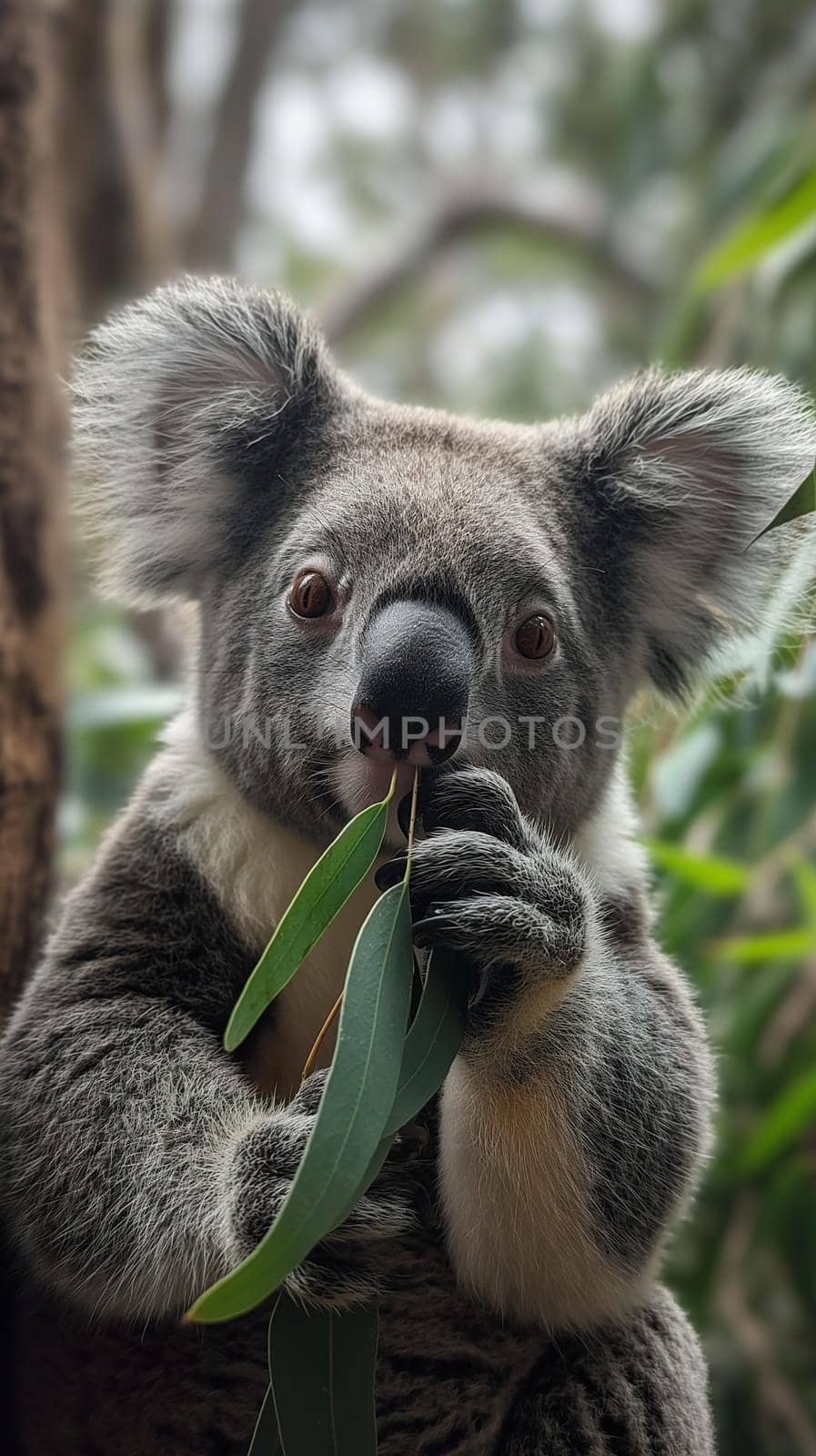 Koala marsupial animal wildlife eating eucalyptus leaves in natural forest habitat in Australia