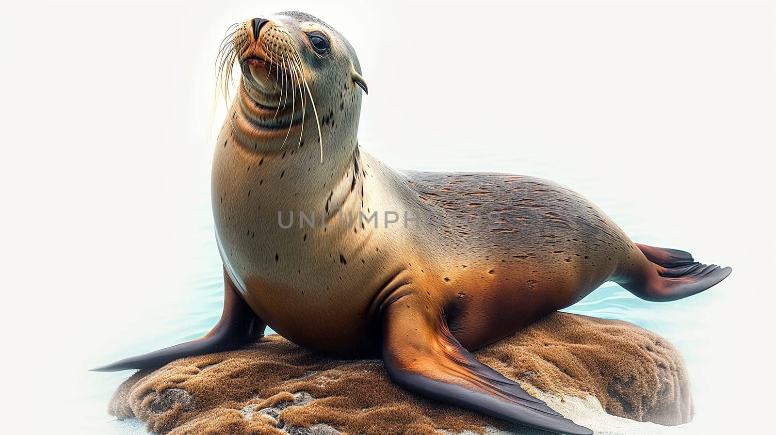 Cute seal resting on a rock with whiskers in the ocean coast, an aquatic marine wildlife scene