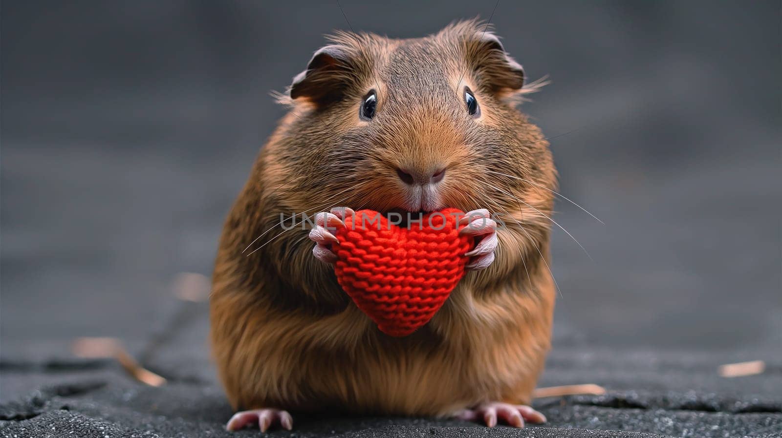 Adorable brown furry guinea pig holding a cute crocheted heart in its tiny paws