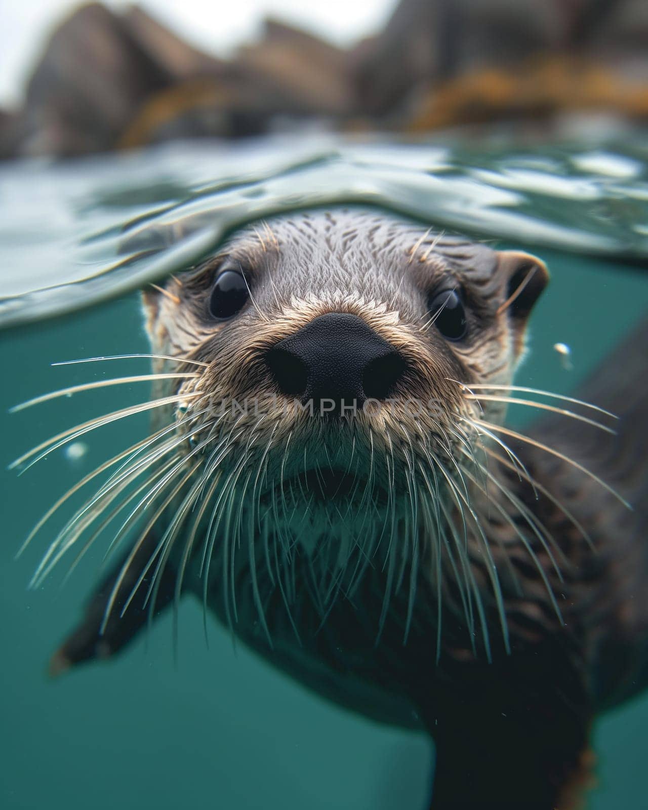 Closeup of an adorable water otter swimming in its natural aquatic habitat