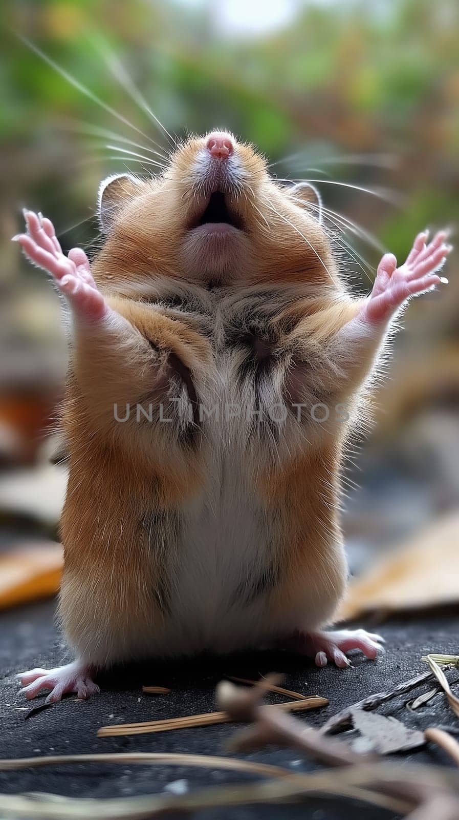 Cute hamster with adorable small paws and fur, standing in nature with a curious look