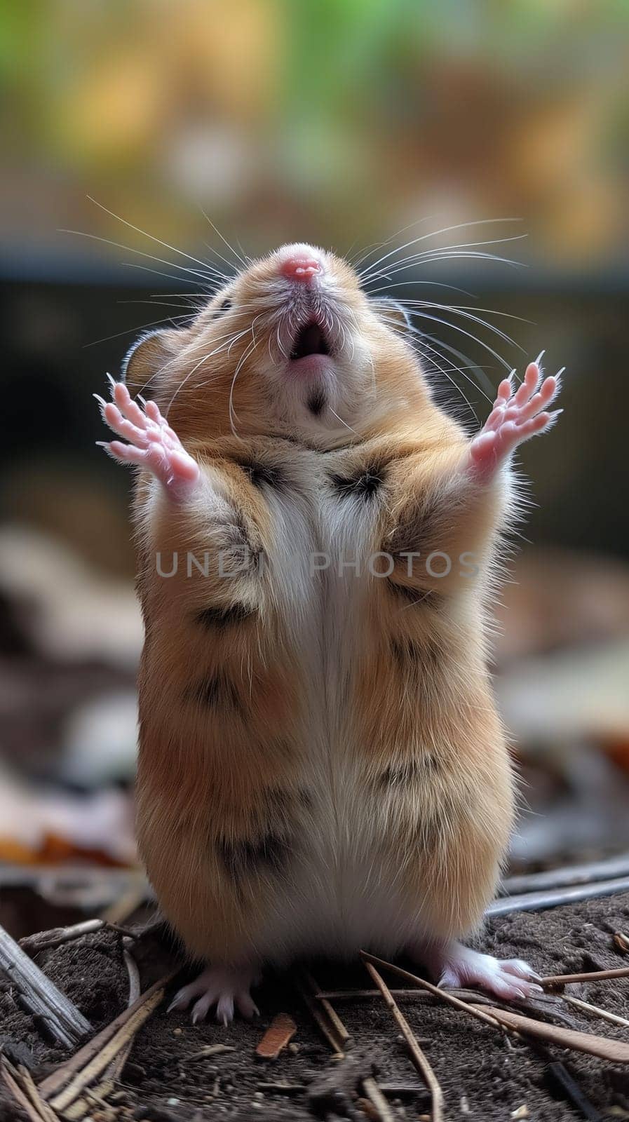 Cute small furry pet hamster with chubby cheeks and fluffy fur in a wildlife setting