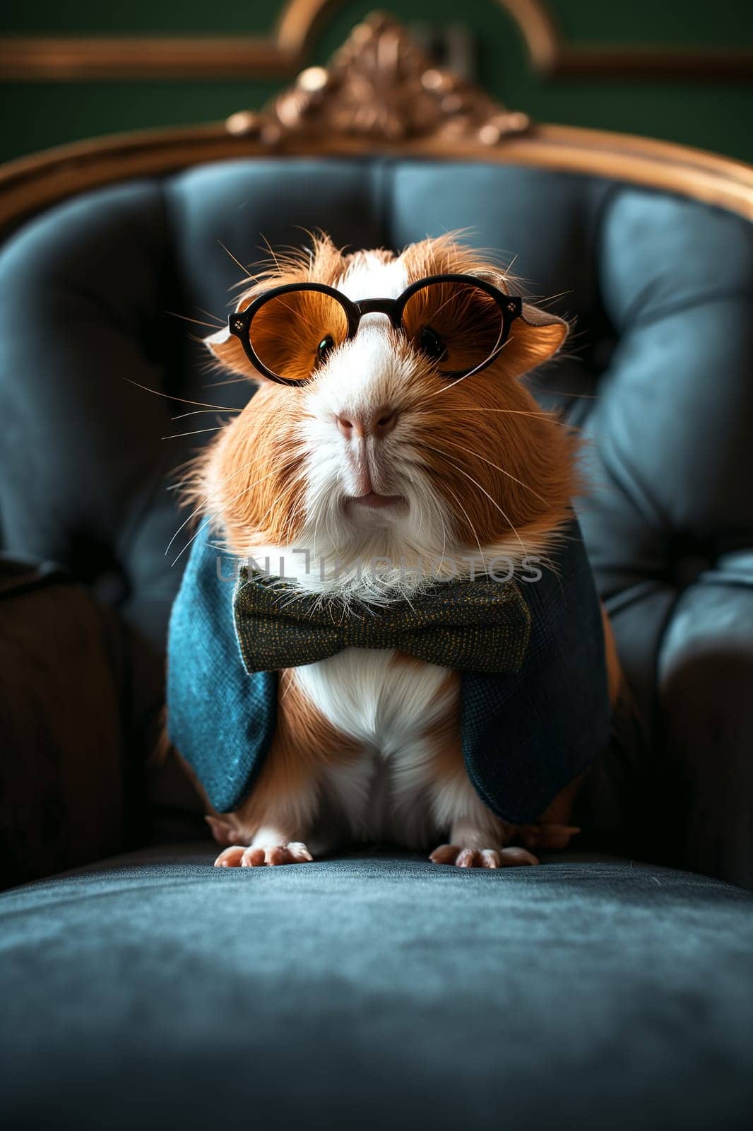 Guinea pig dressed in glasses and bowtie sitting on a chair in a cute pet portrait