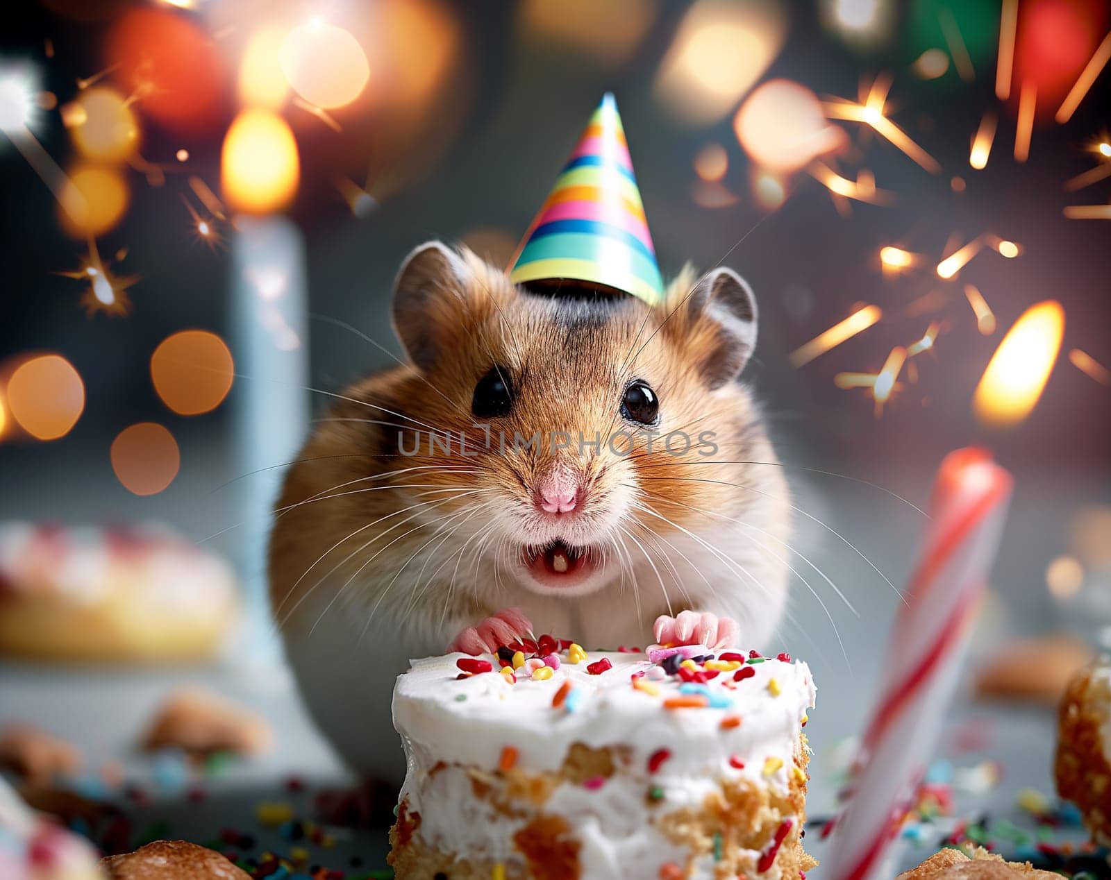Cute hamster celebrating party with cake, festive hat, and colorful sparkles on birthday