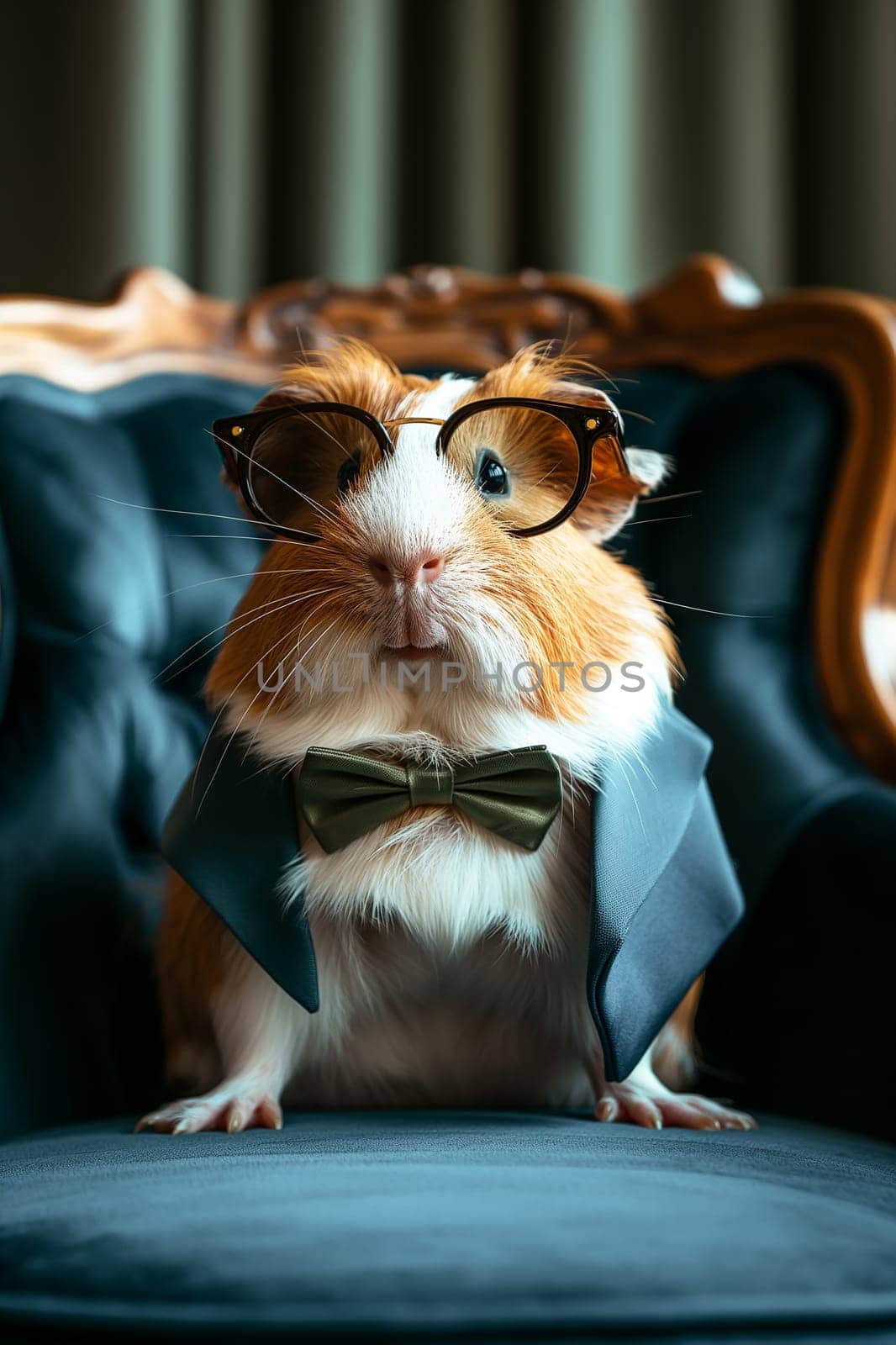 Cute hamster in glasses wearing tuxedo sitting on a chair