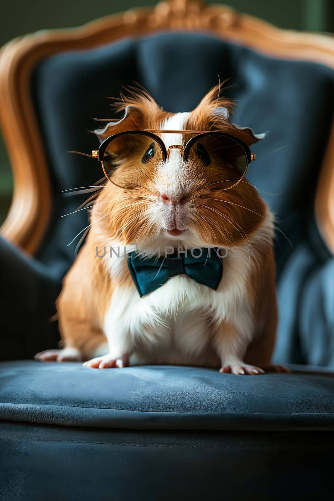 Guinea pig wearing sunglasses and bowtie sitting on a chair, adorable and cute fashion accessory