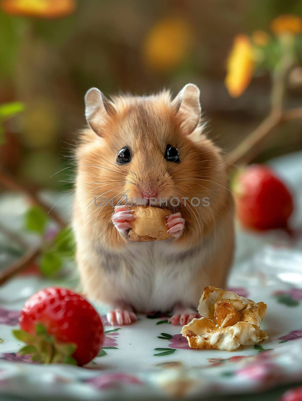Cute hamster nibbling a snack with strawberry on a plate in nature, adorable and sweet pet