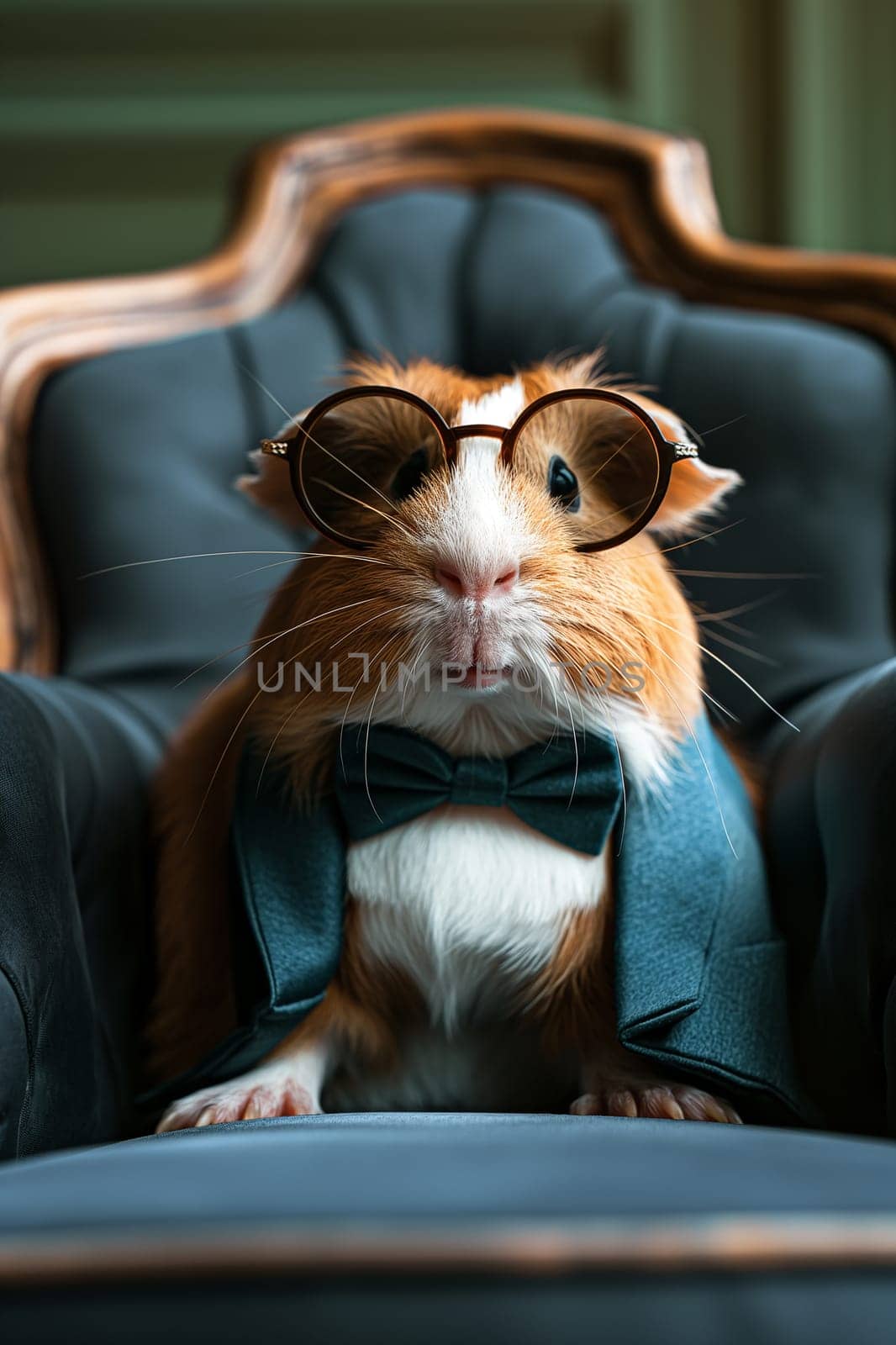 Adorable guinea pig wearing glasses and suit seated on a wooden chair with a cute bowtie