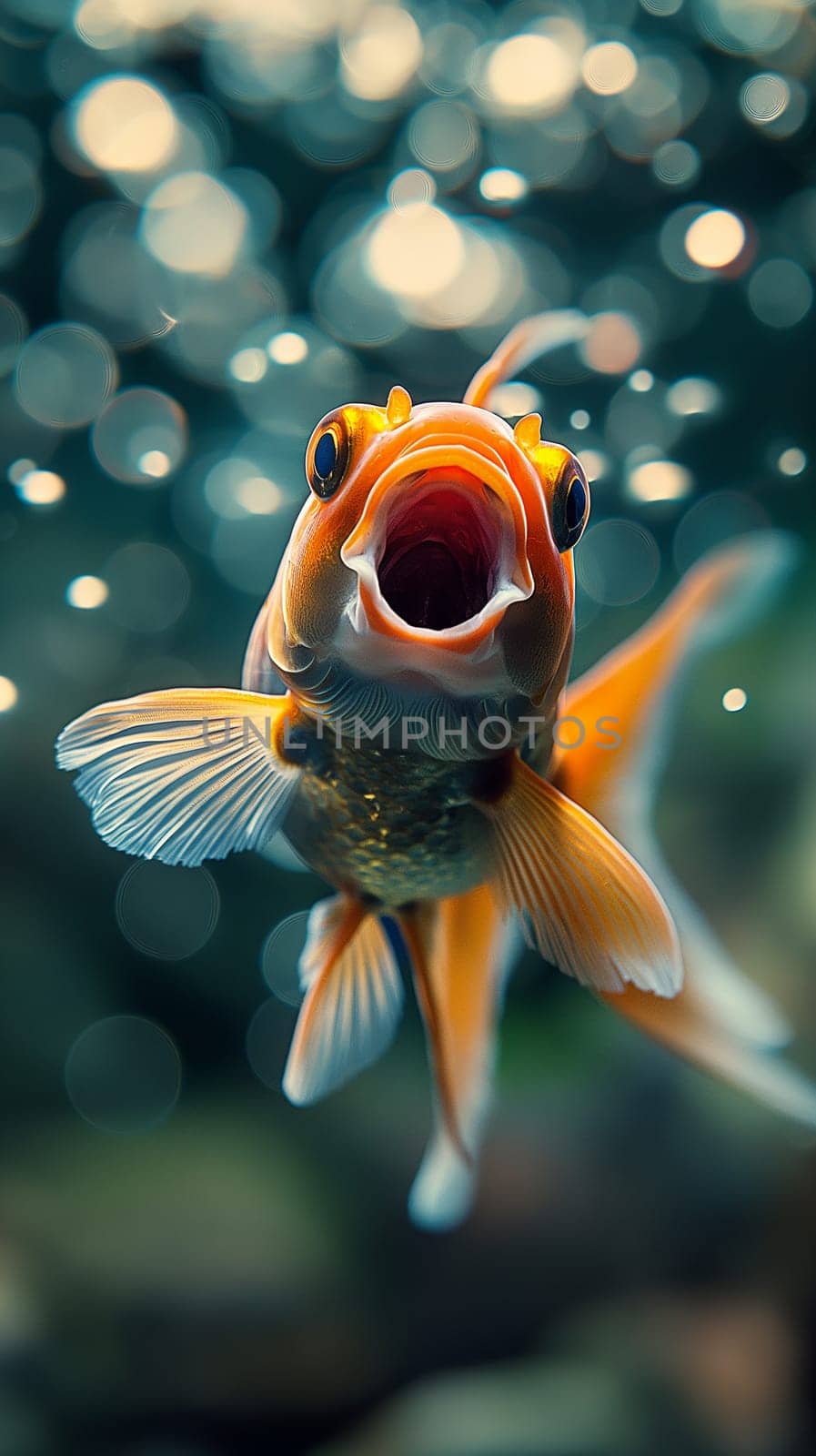 Closeup of a vibrant orange goldfish swimming underwater with bubbles in a blurred background