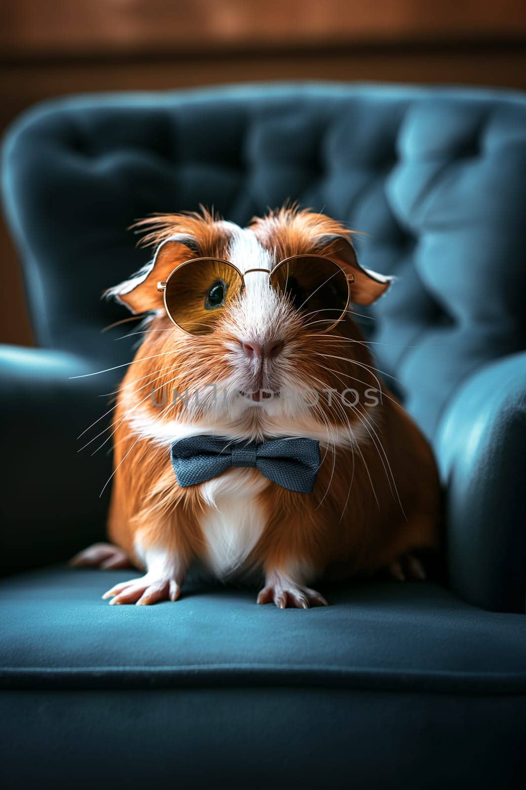 Cute guinea pig wearing sunglasses and a bowtie, sitting on a blue armchair
