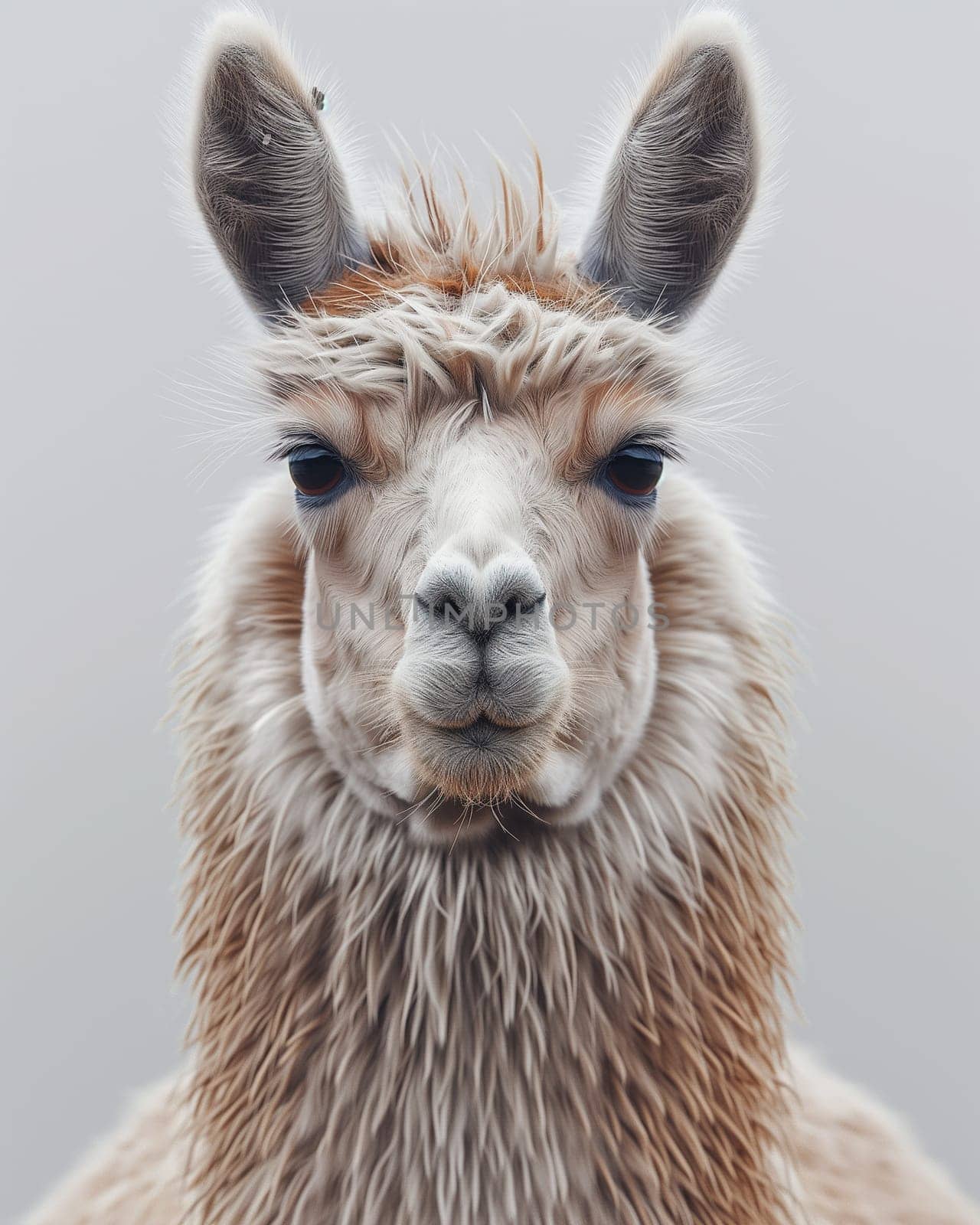 Close-up portrait of a cute furry lama with expressive face and domesticated features