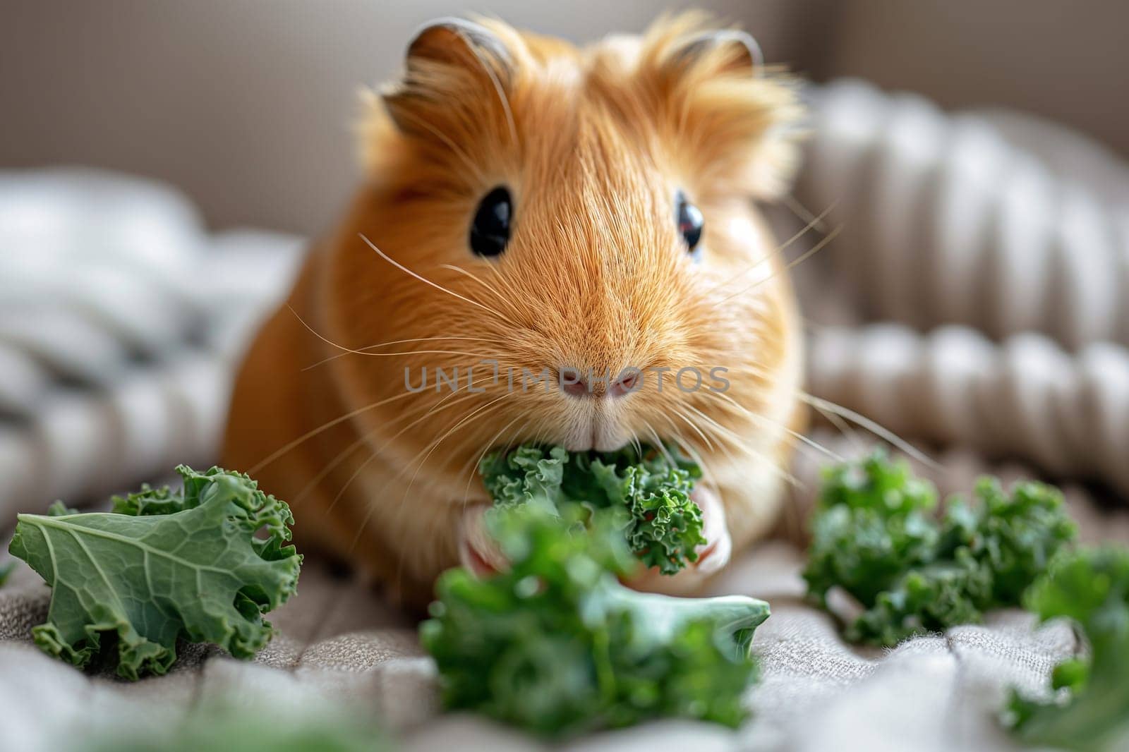 Adorable guinea pig eating fresh kale, cute furry pet enjoying green vegetable