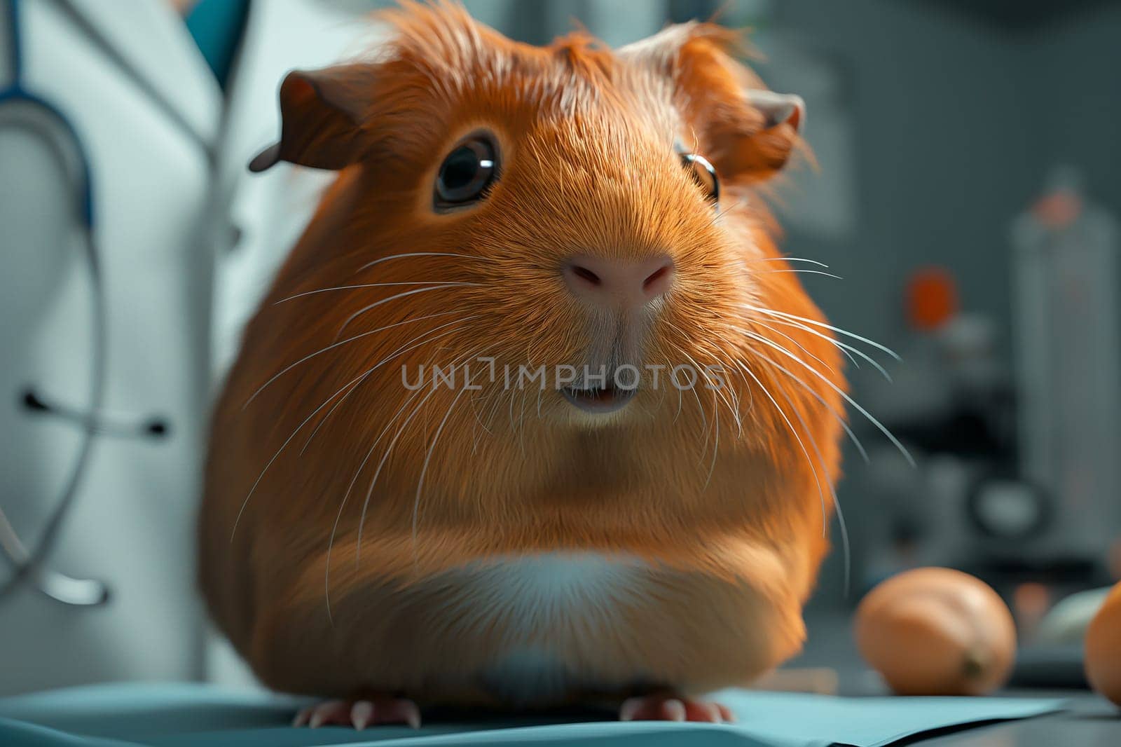 Cute guinea pig at the vet clinic for medical exam and health care by a doctor