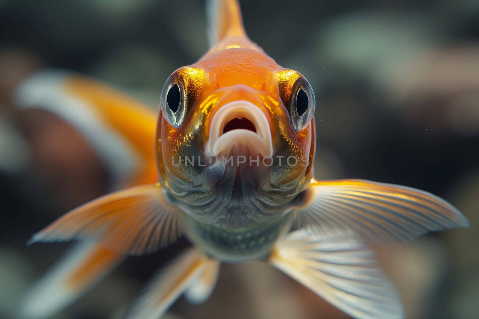 Closeup of an orange goldfish swimming underwater with vibrant fins and eyes