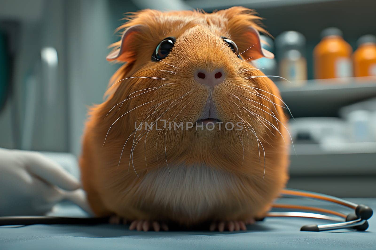 Adorable guinea pig at vet clinic exam with care from veterinarian, pet health checkup