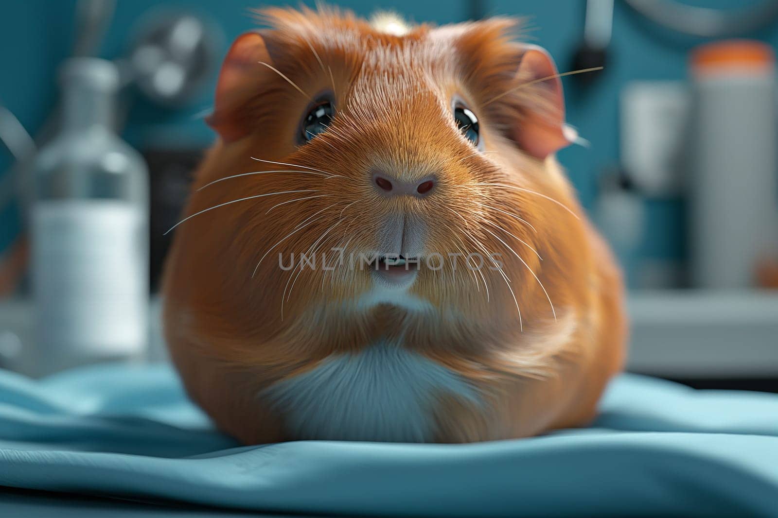 Adorable guinea pig portrait with cute, furry whiskers and expressive eyes at the veterinarian clinic