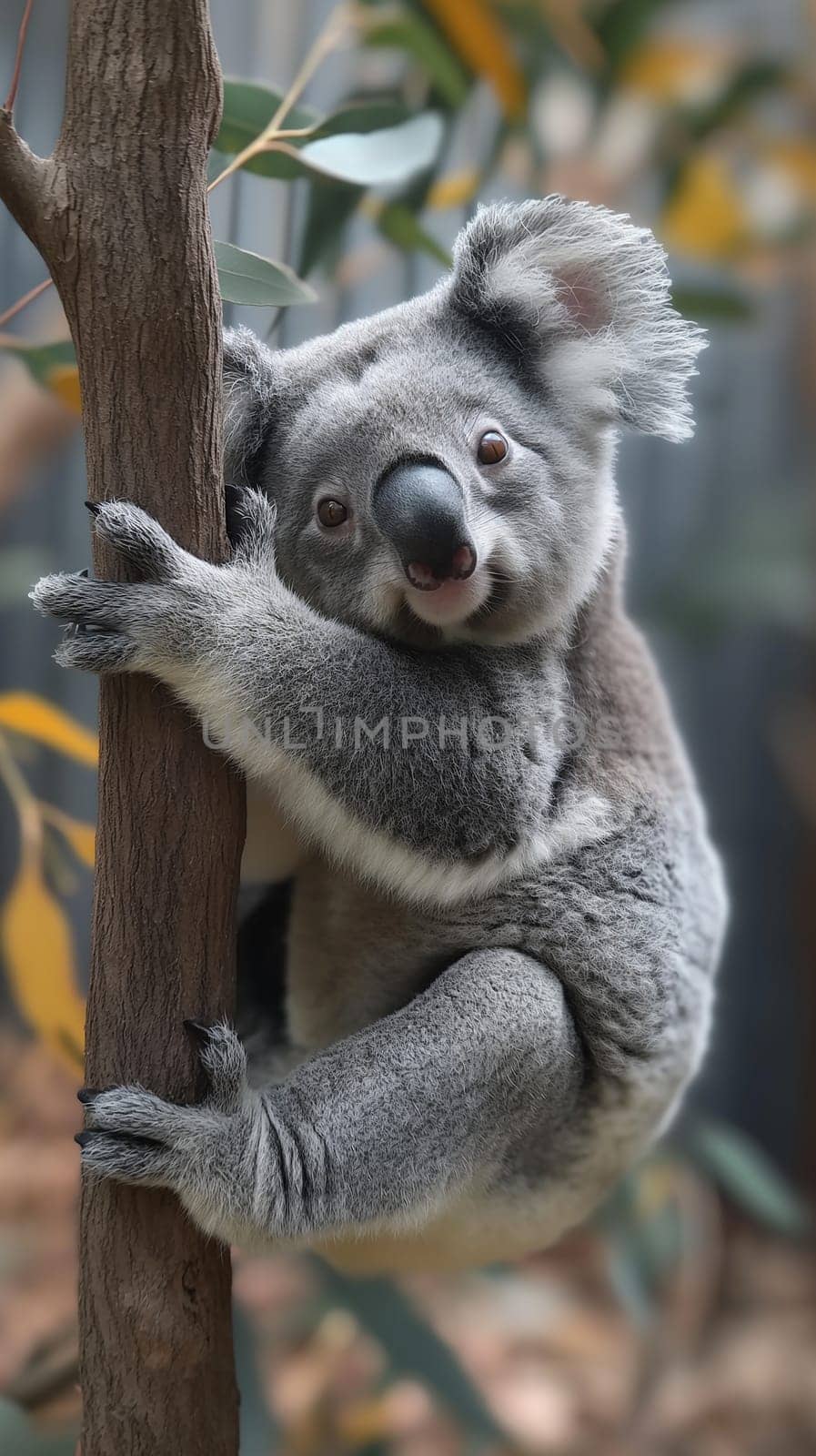 Cute koala marsupial climbing a tree in the wildlife nature, an iconic Australian animal