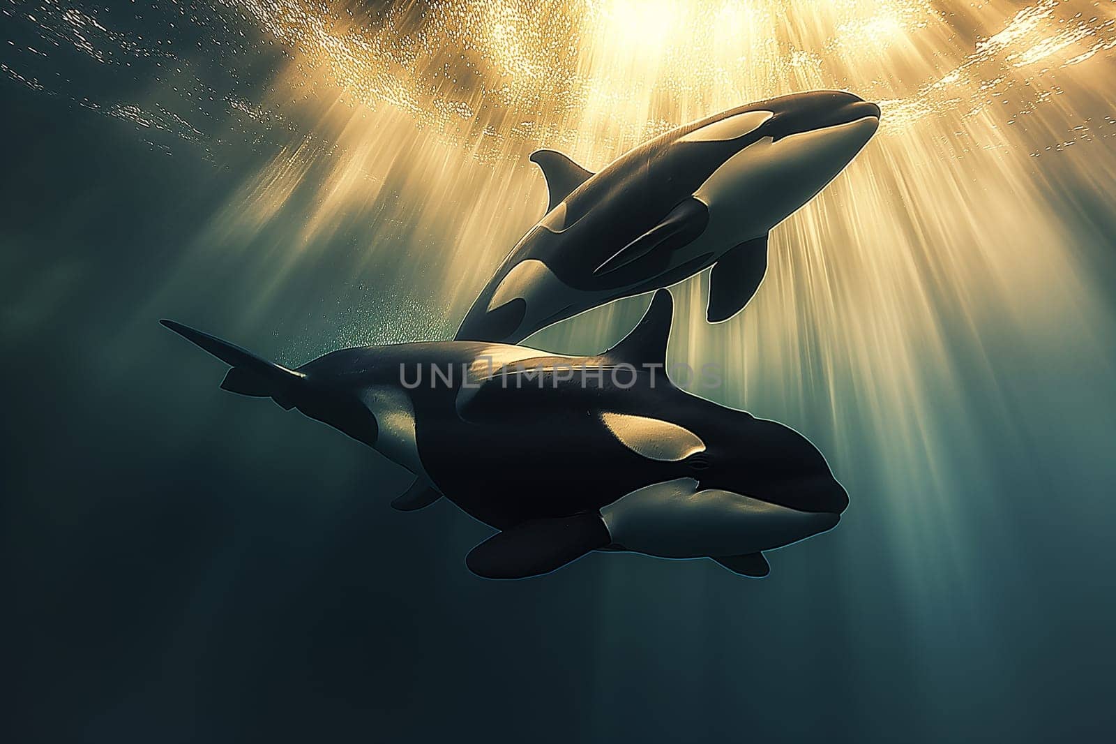 Orca whale swimming underwater with sunlight in the ocean, showcasing marine wildlife and sea creatures