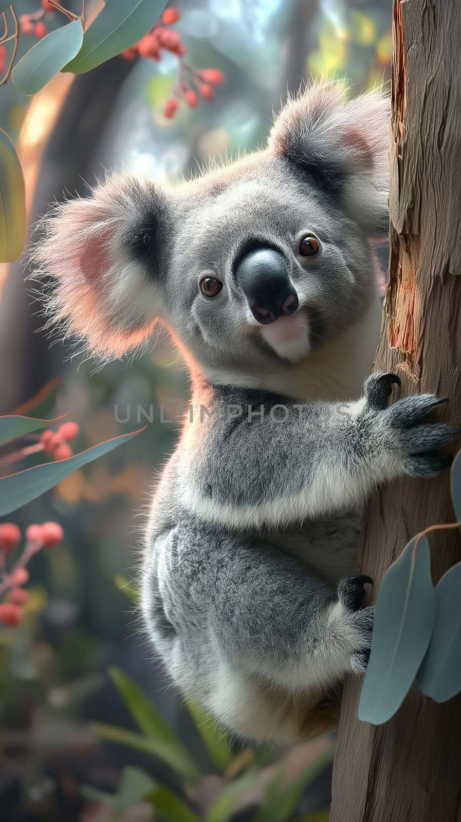 Cute Koala Climbing a Tree in the Australian Wildlife Forest with Eucalyptus Leaves
