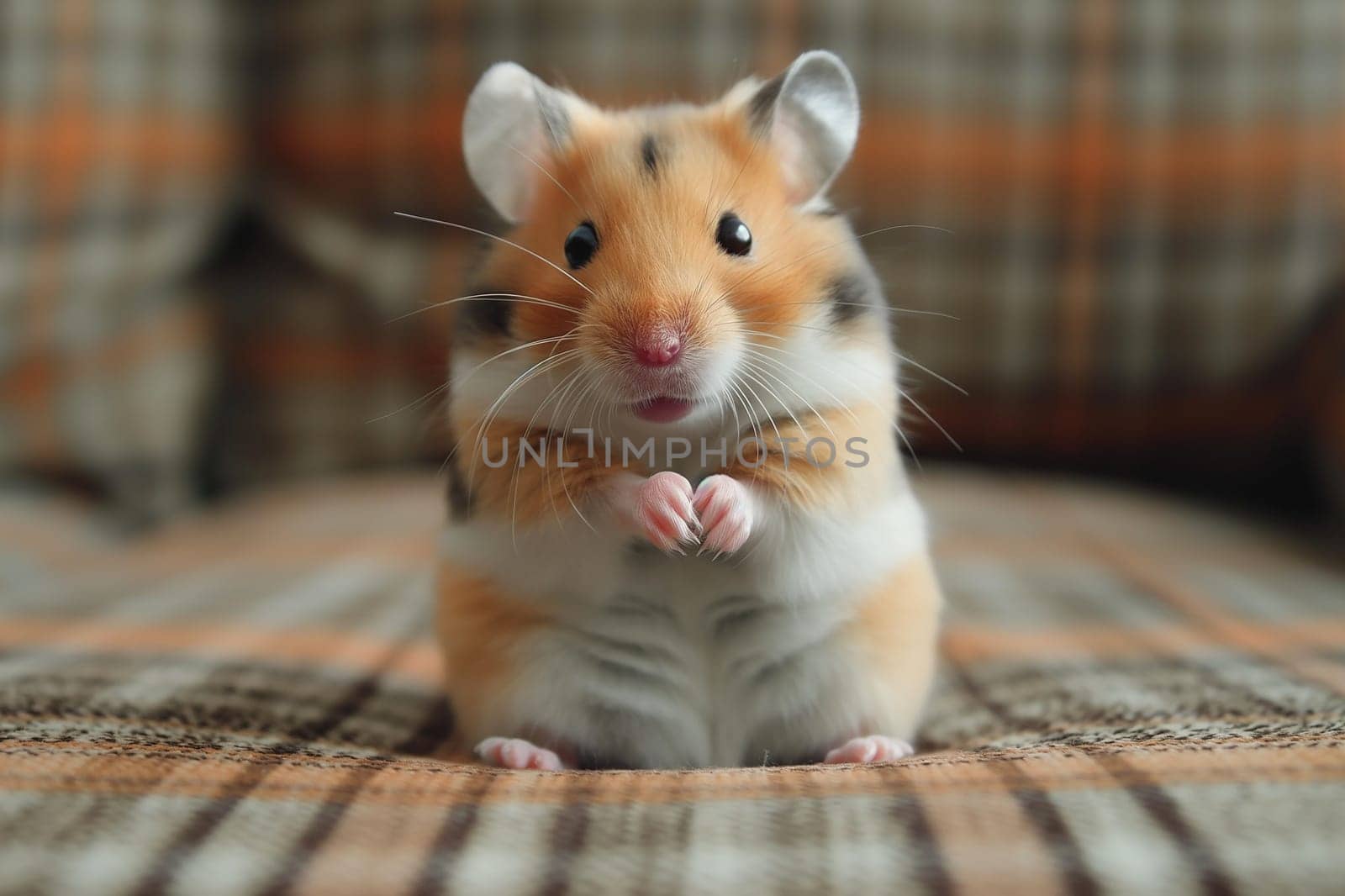 Adorable furry hamster with whiskers and paws, posing on a plaid background, looking cute and small