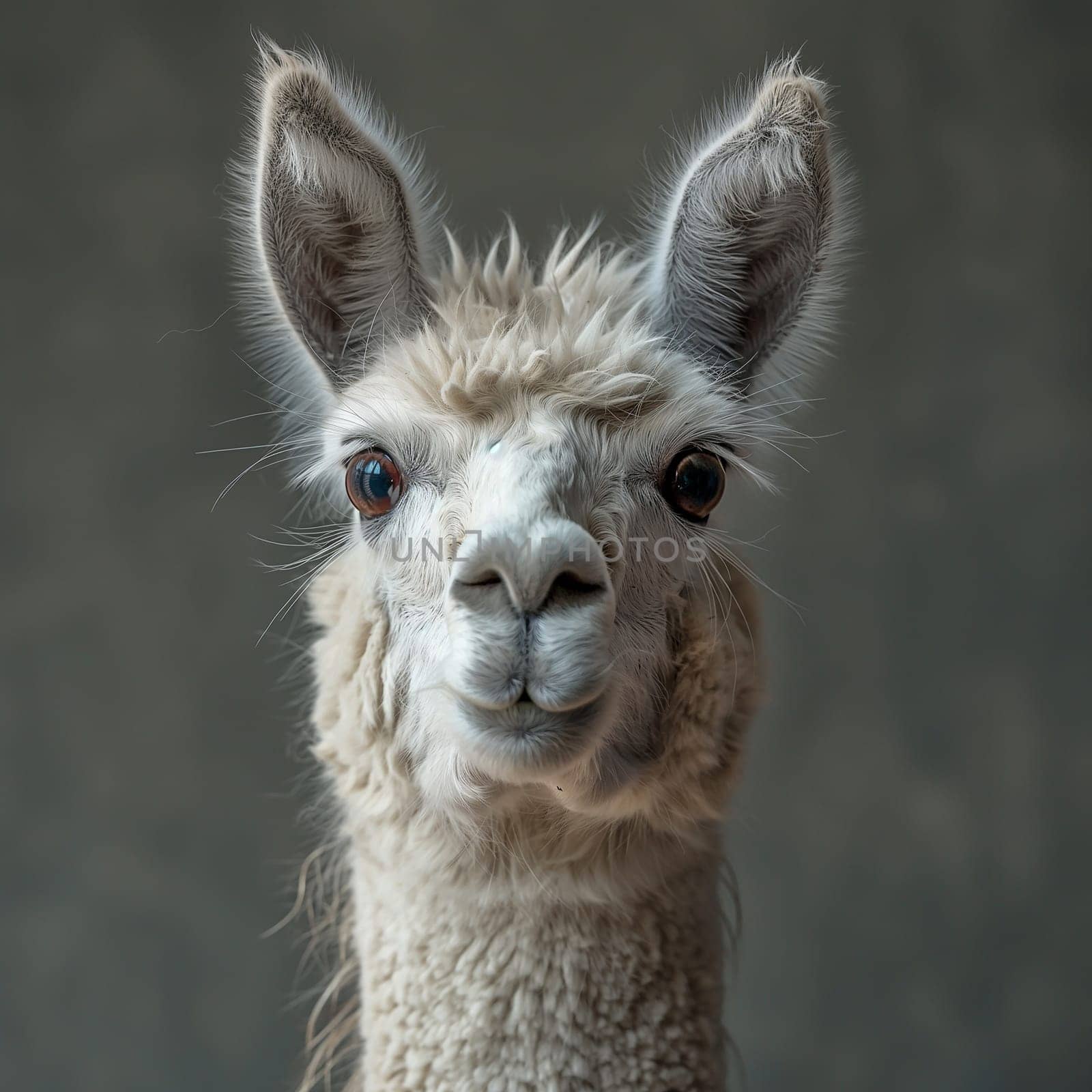Fluffy alpaca portrait with adorable eyes, ears, and cute expression in a studio setting