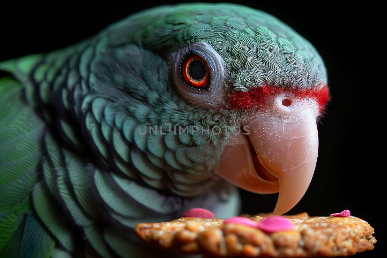 Closeup portrait of a colorful green parrot with intricate feathers and beady eyes in nature