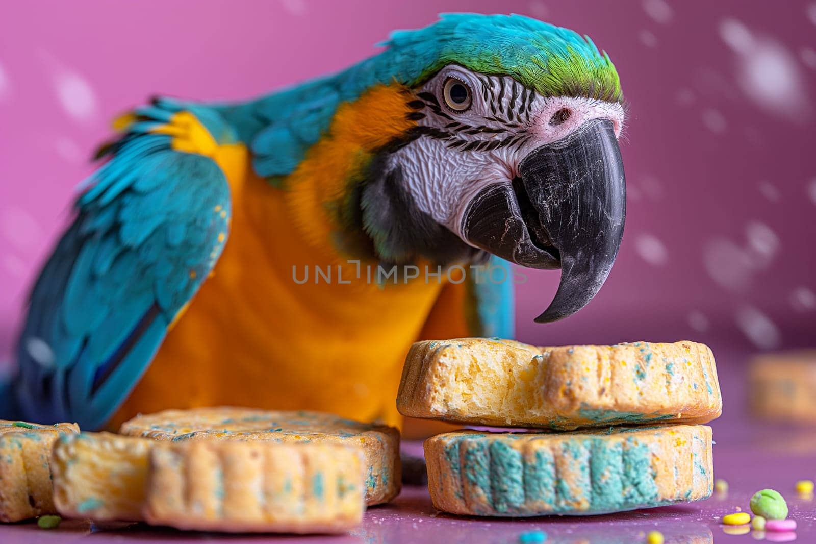 A colorful macaw parrot enjoying cookies with vibrant feathers against a tropical backdrop