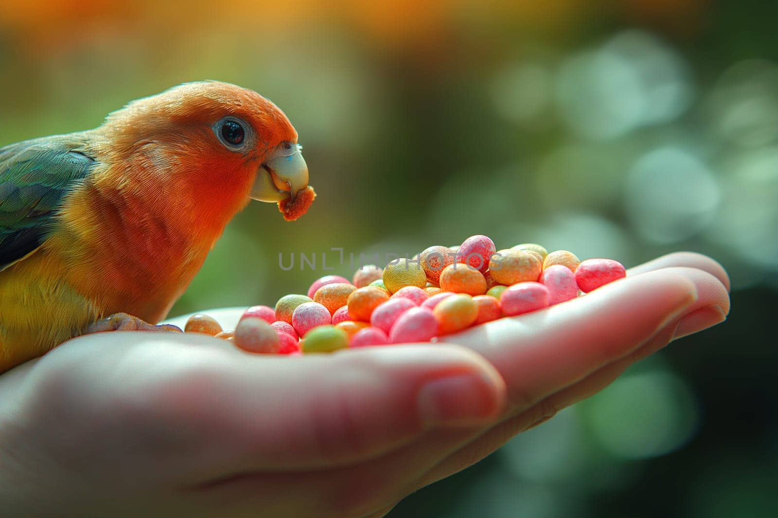 Closeup of a vibrant parrot eating colorful seeds from a hand in a beautiful nature setting