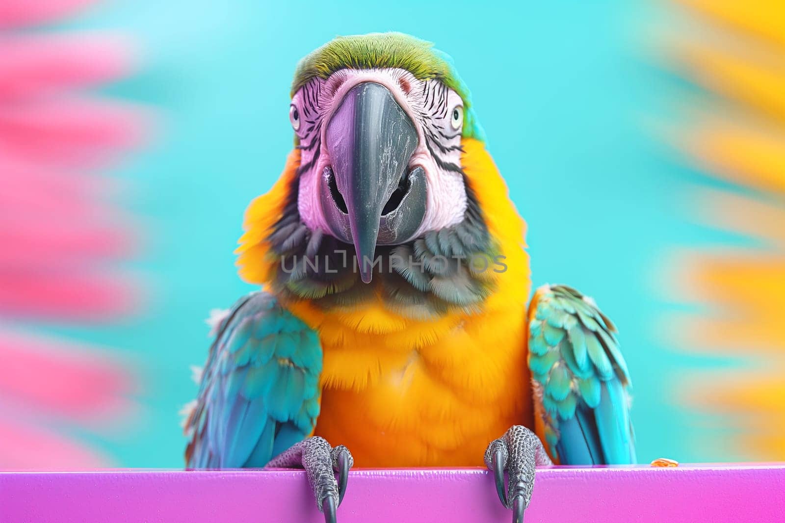 Colorful macaw parrot with blue, yellow, and green feathers perched brightly in a tropical setting