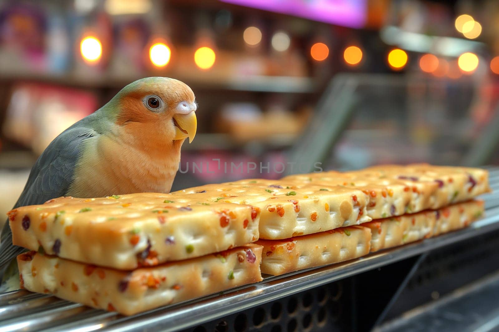 Parrot perched on counter with freshly baked cheese bread at a colorful market bakery display