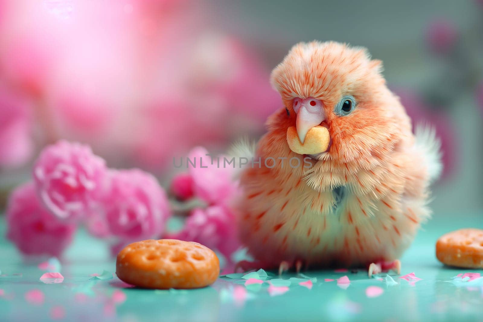 Cute parakeet bird with peach feathers eating a cookie surrounded by pink flowers in nature