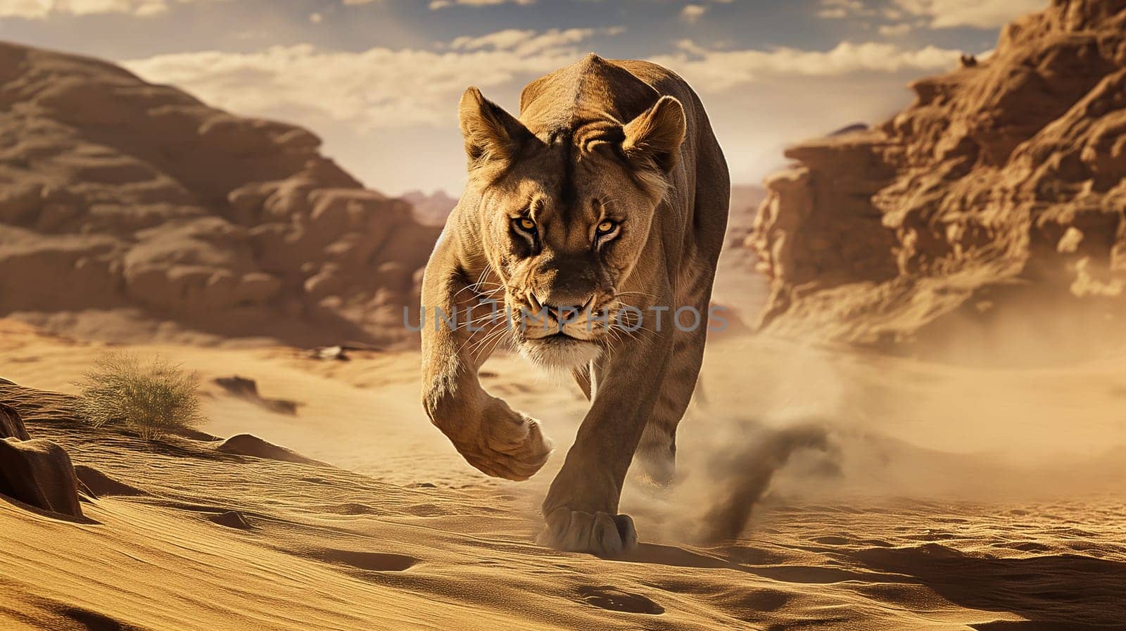 Lioness running through the sand in a desert landscape with rocks, clouds, and sunlight