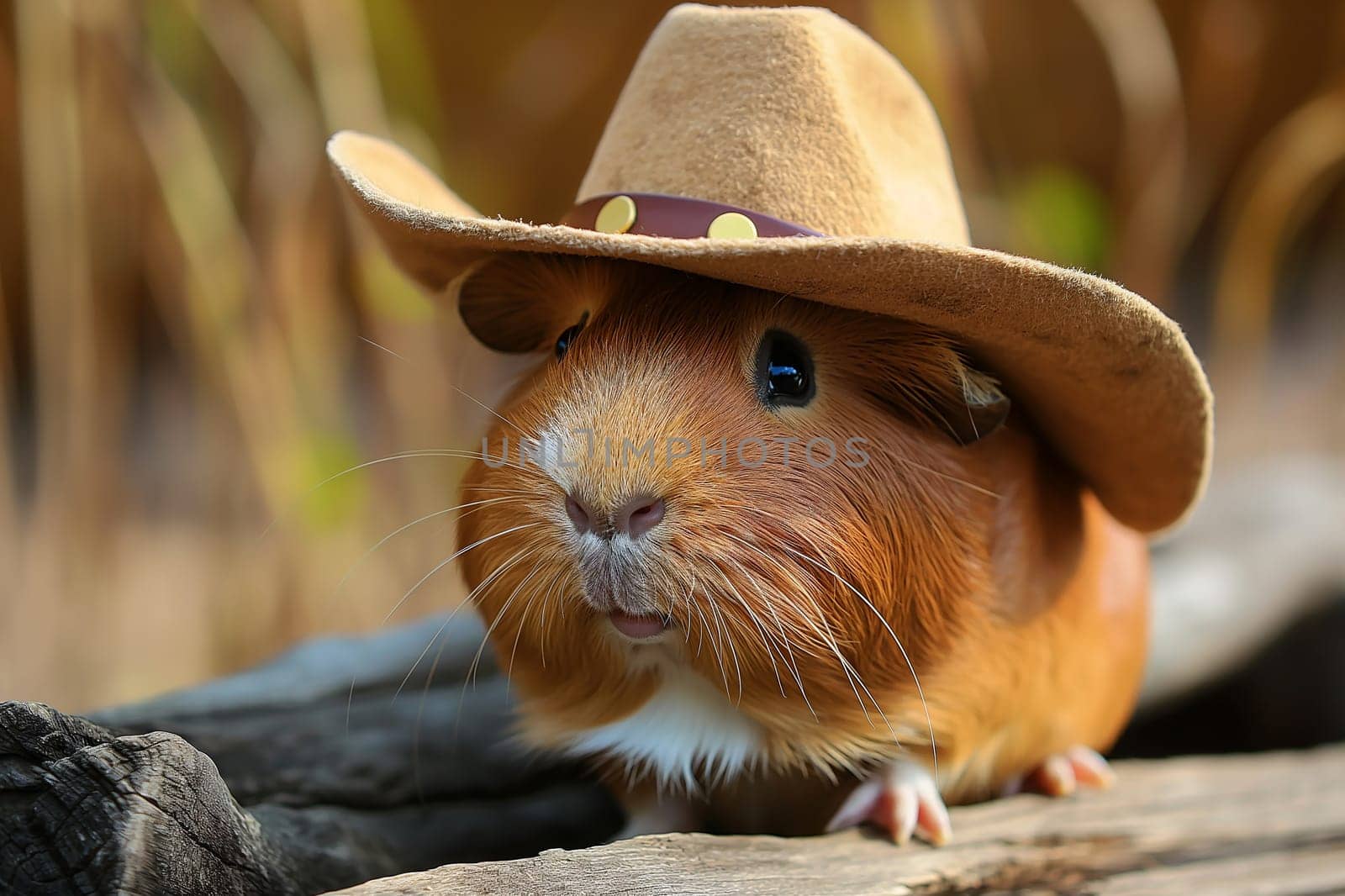 Adorable guinea pig wearing a cowboy hat on wood background - Cute rodent in nature