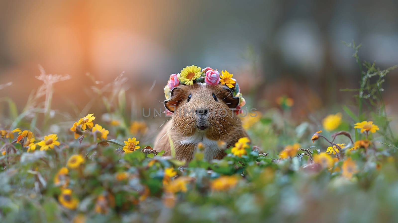 Cute guinea pig with flower crown in meadow, nature's adorable animal showcasing wildlife beauty