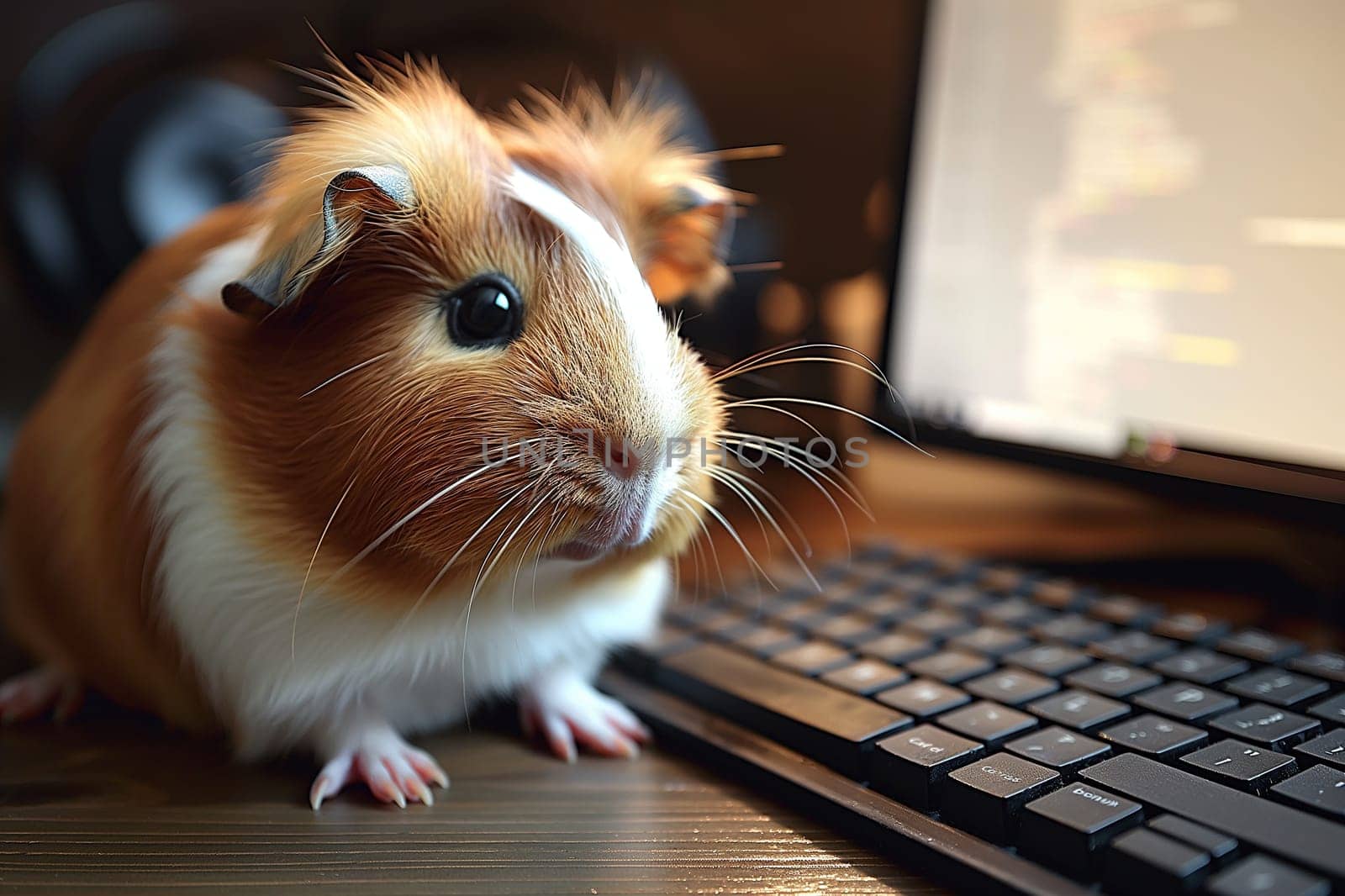 Guinea Pig Near Keyboard Closeup with Computer in Office Workspace Technology