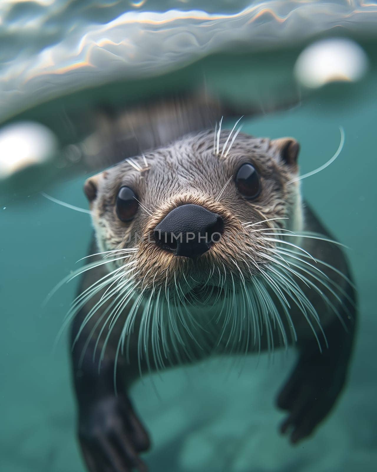Closeup of a playful otter with whiskers swimming in aquatic wildlife habitat