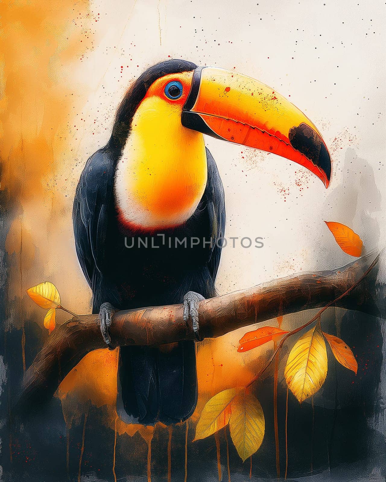 Toucan bird with colorful beak perched on a tree, surrounded by nature and vibrant leaves