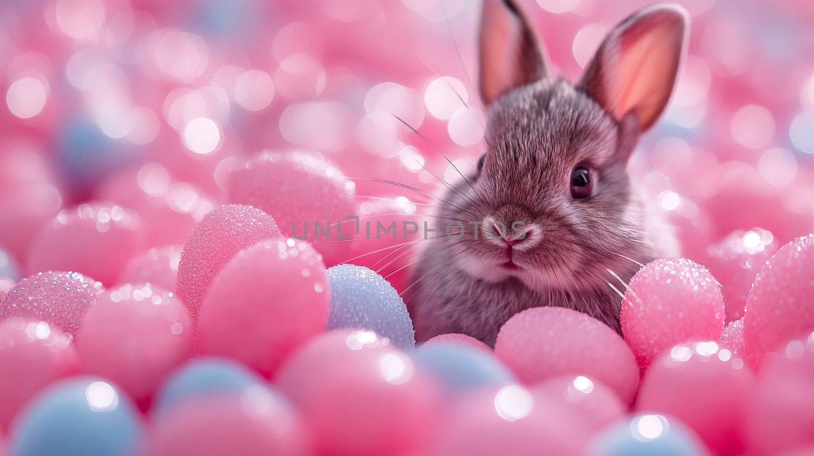 Cute rabbit bunny surrounded by pink and blue pastel Easter eggs in a spring celebration