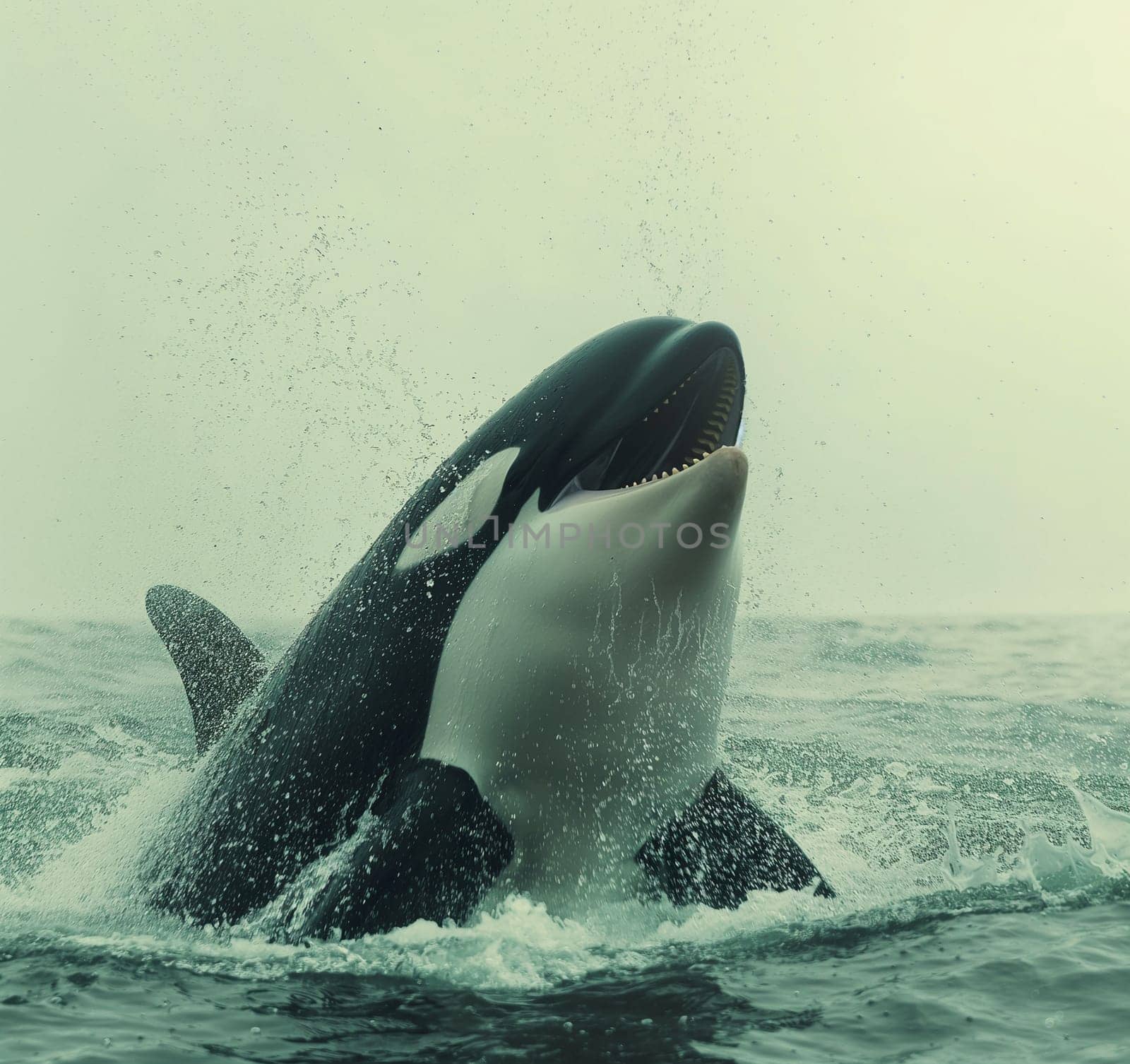 Orca whale jumping in the ocean with a massive splash, showcasing marine wildlife and aquatic mammal