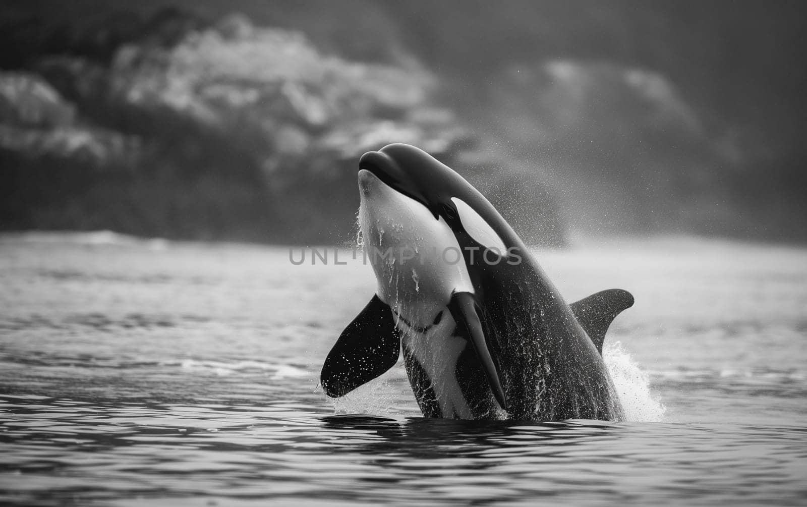 Majestic orca whale jump in the ocean water showcasing nature and marine wildlife in a stunning display