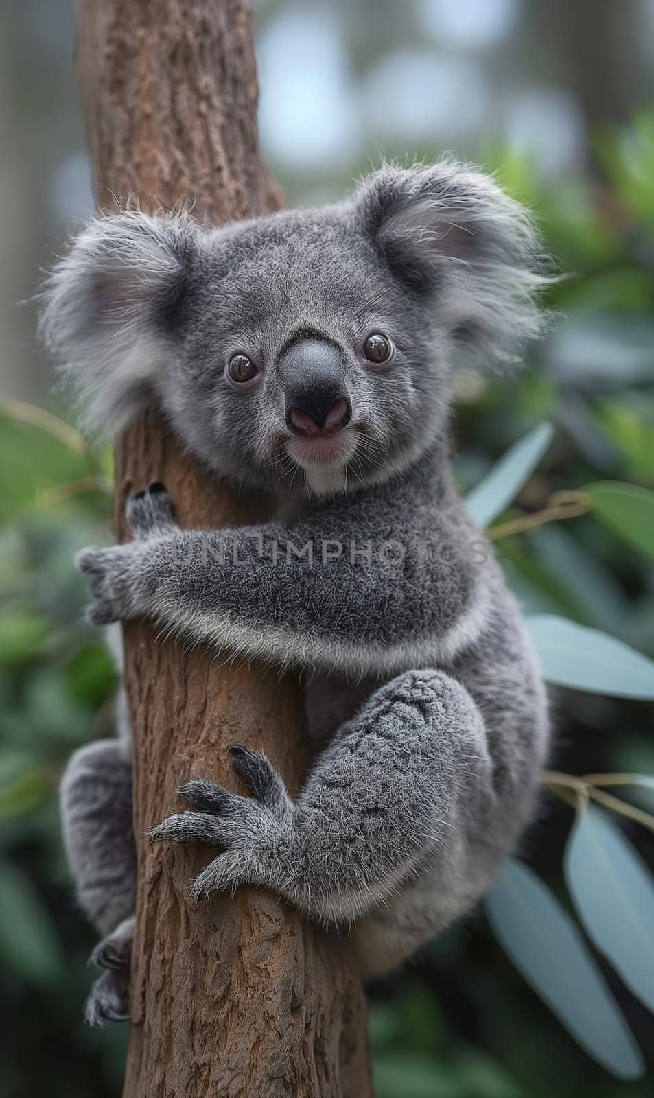 Cute koala climbing a tree in the Australian forest, showcasing furry and adorable wildlife