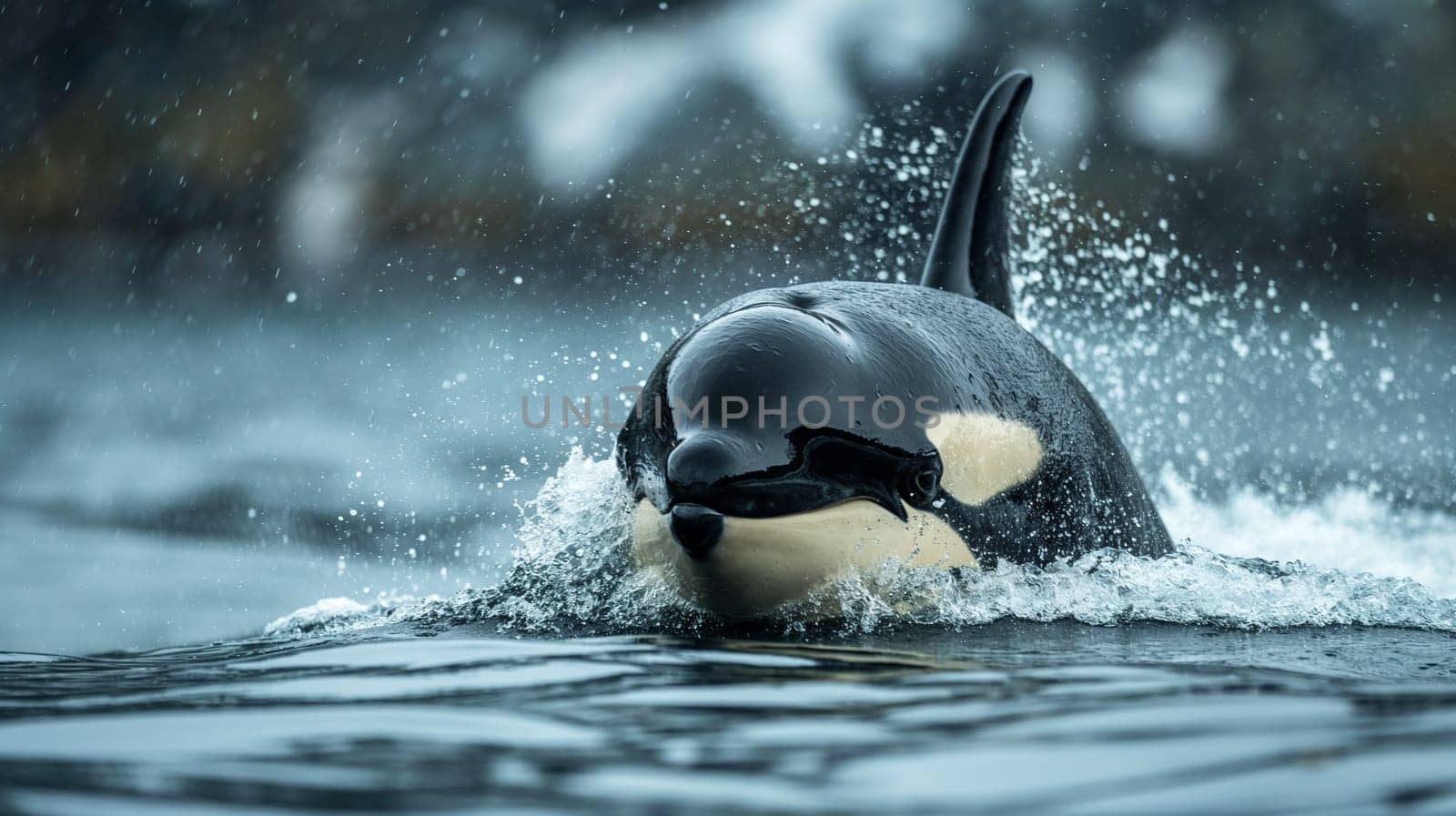 Majestic orca swimming in the cold ocean, showcasing black and white marine mammal in wild nature