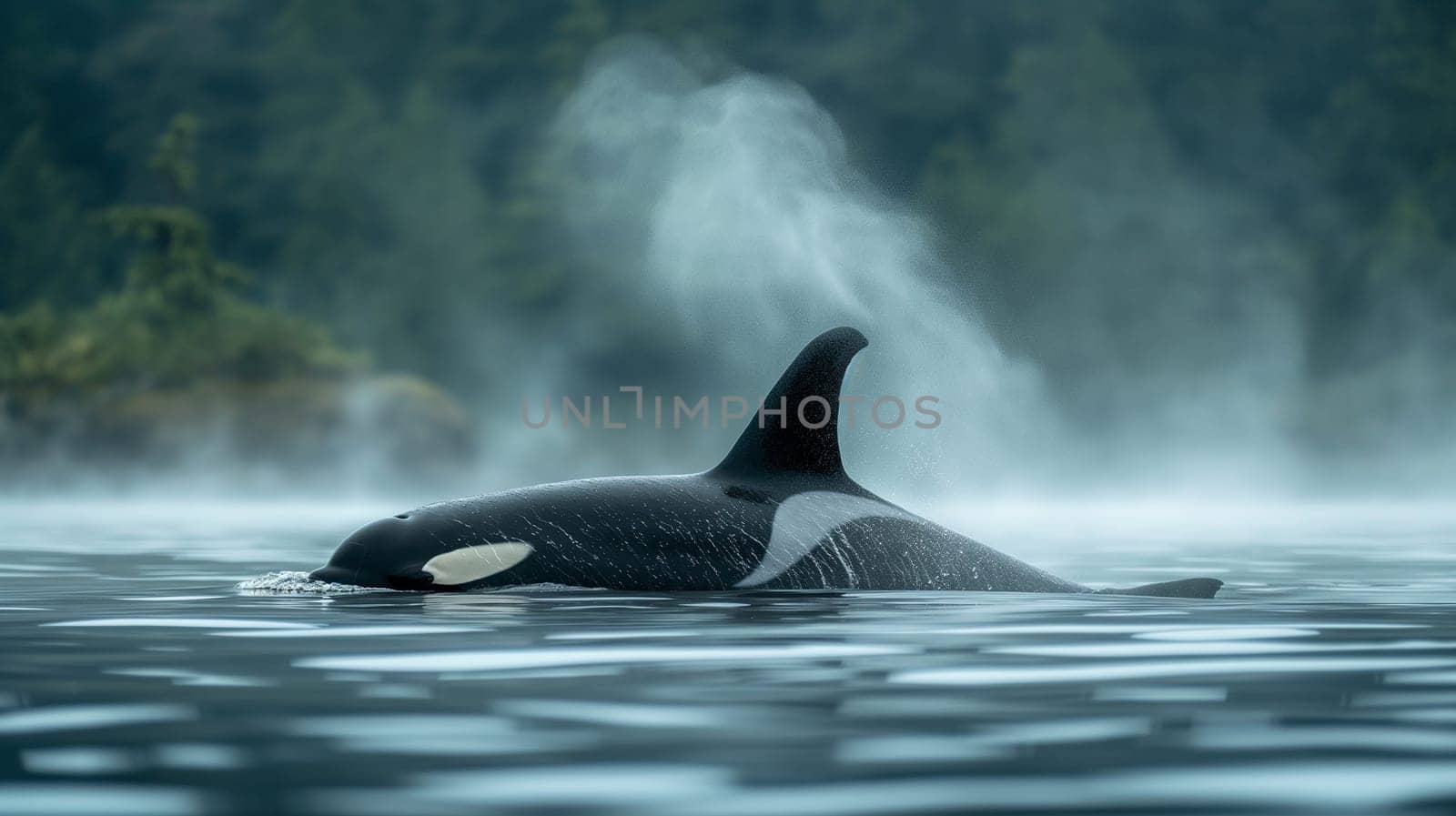 Majestic orca whale swimming in the ocean, displaying its black and white aquatic fin in the wild habitat