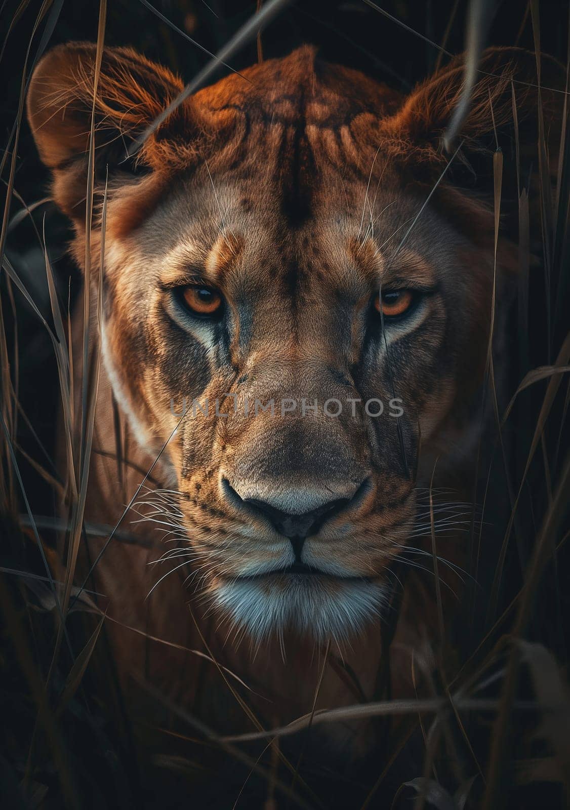 Majestic lion with piercing eyes in the jungle, wild cat portrait showcasing nature and fur