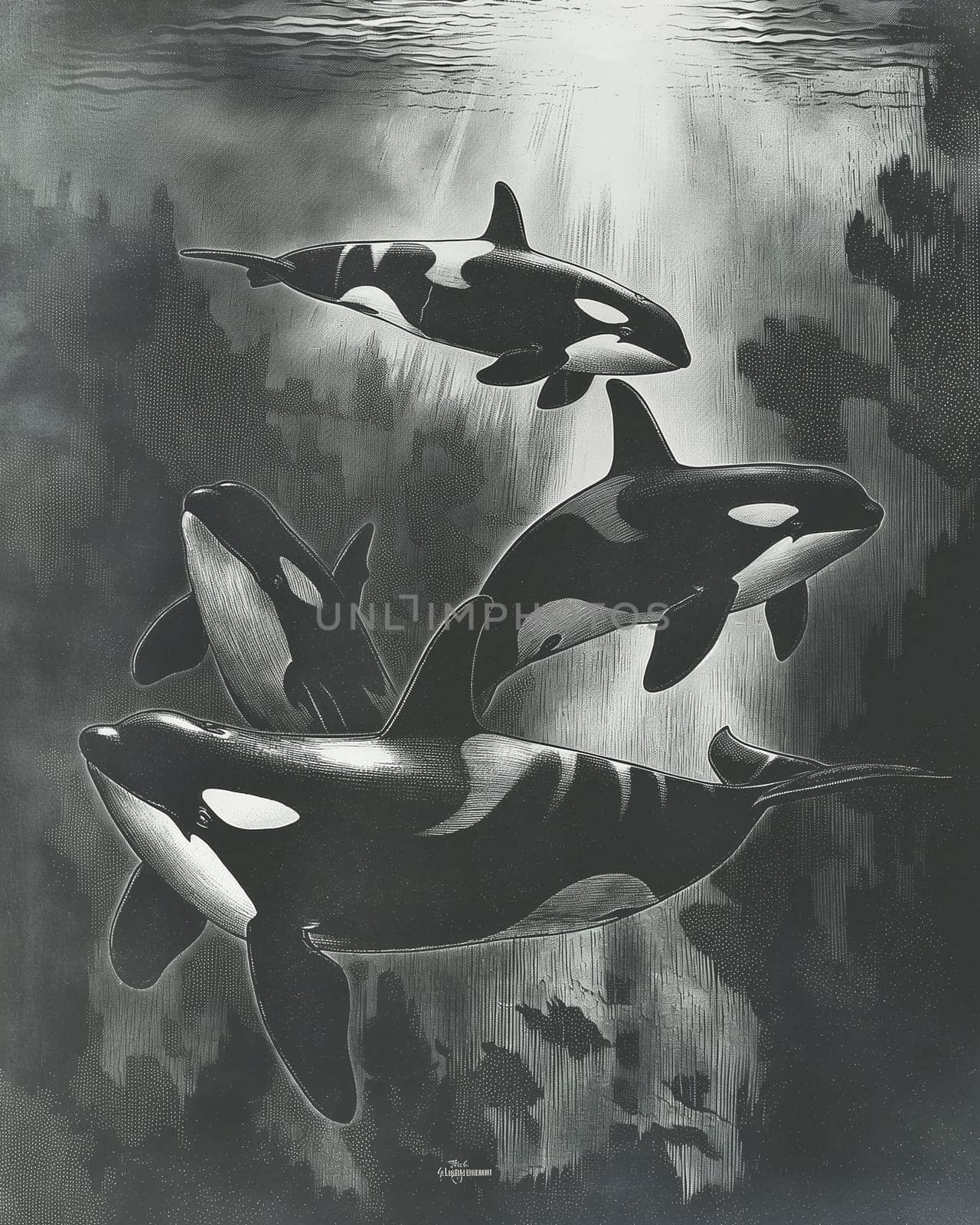 Underwater illustration of black and white orcas swimming in the ocean with other marine wildlife