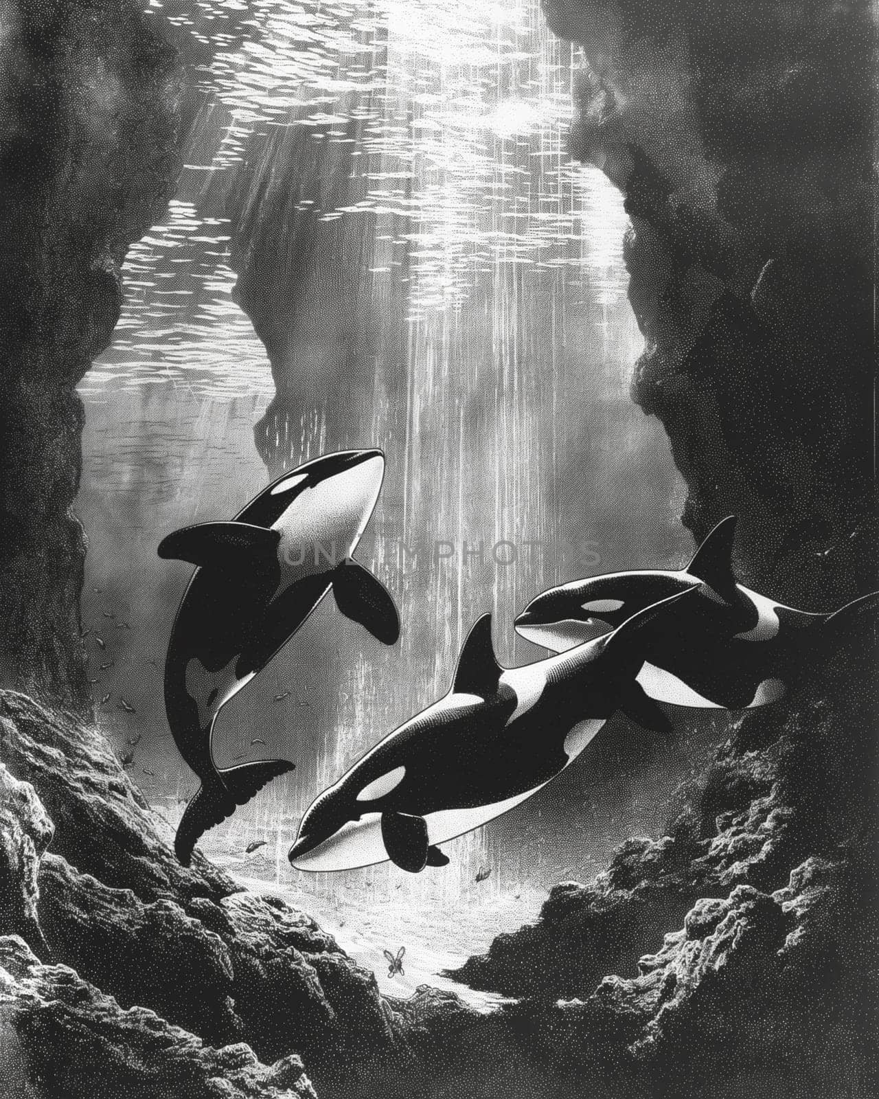 Orcas gracefully swimming underwater in black-and-white sunlight within a marine cave pod