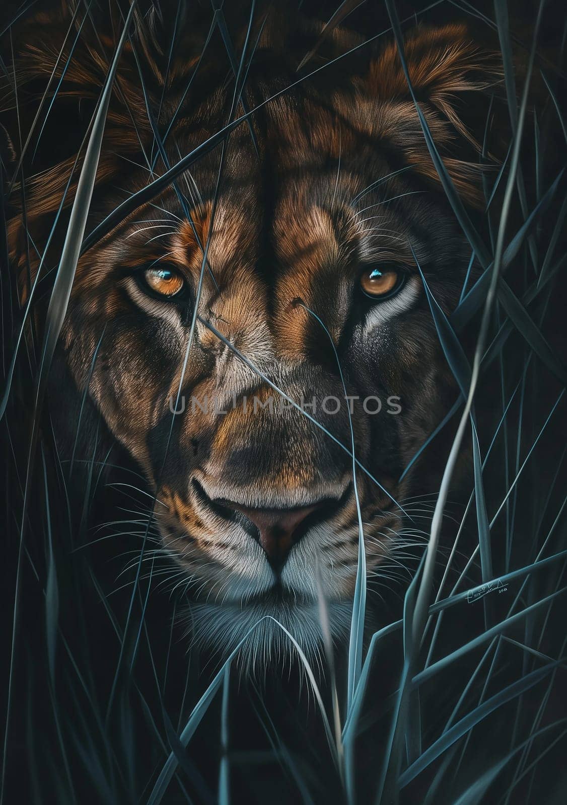 Majestic lion portrait with intense eyes in the jungle, showcasing wild feline nature and beauty