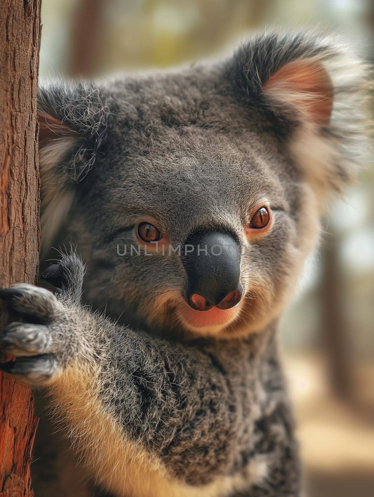 Cute koala marsupial clinging to a tree in natural Australian wildlife habitat