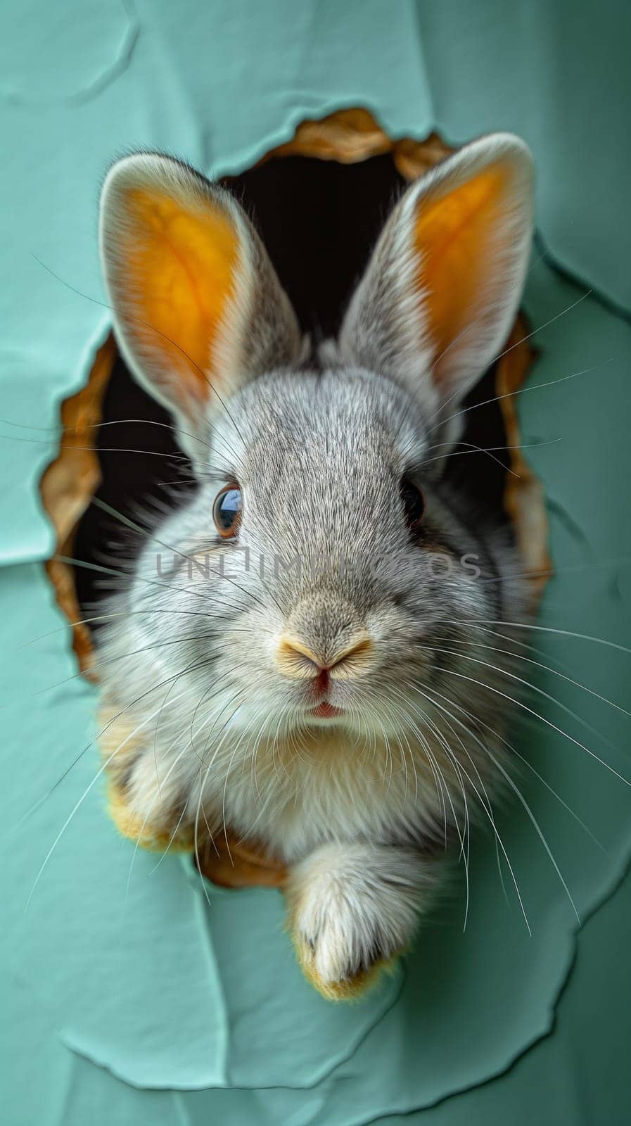 Rabbit with large ears peeking through a hole, showing adorable fur and whiskers in a closeup shot