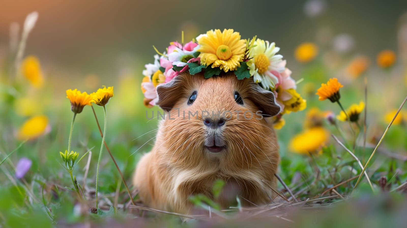 Adorable guinea pig wearing a flower crown in the grass with daisies, looking cute and happy